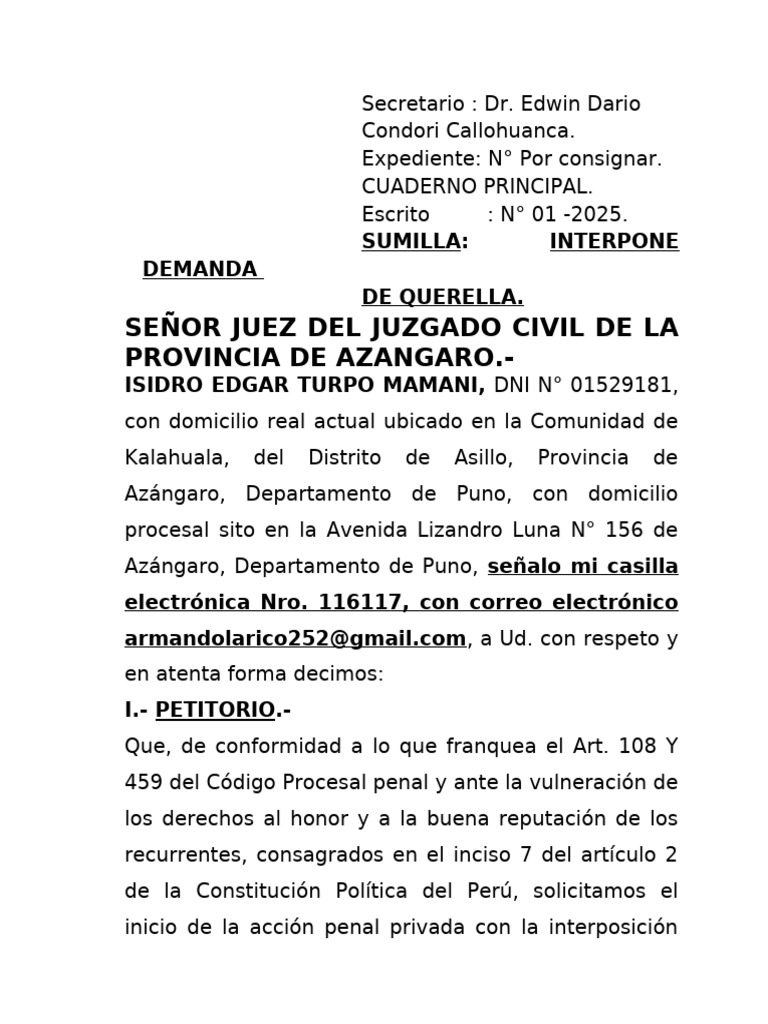 Demanda de Querella por Calumnia Agravada | PDF | Queja | Intención ...