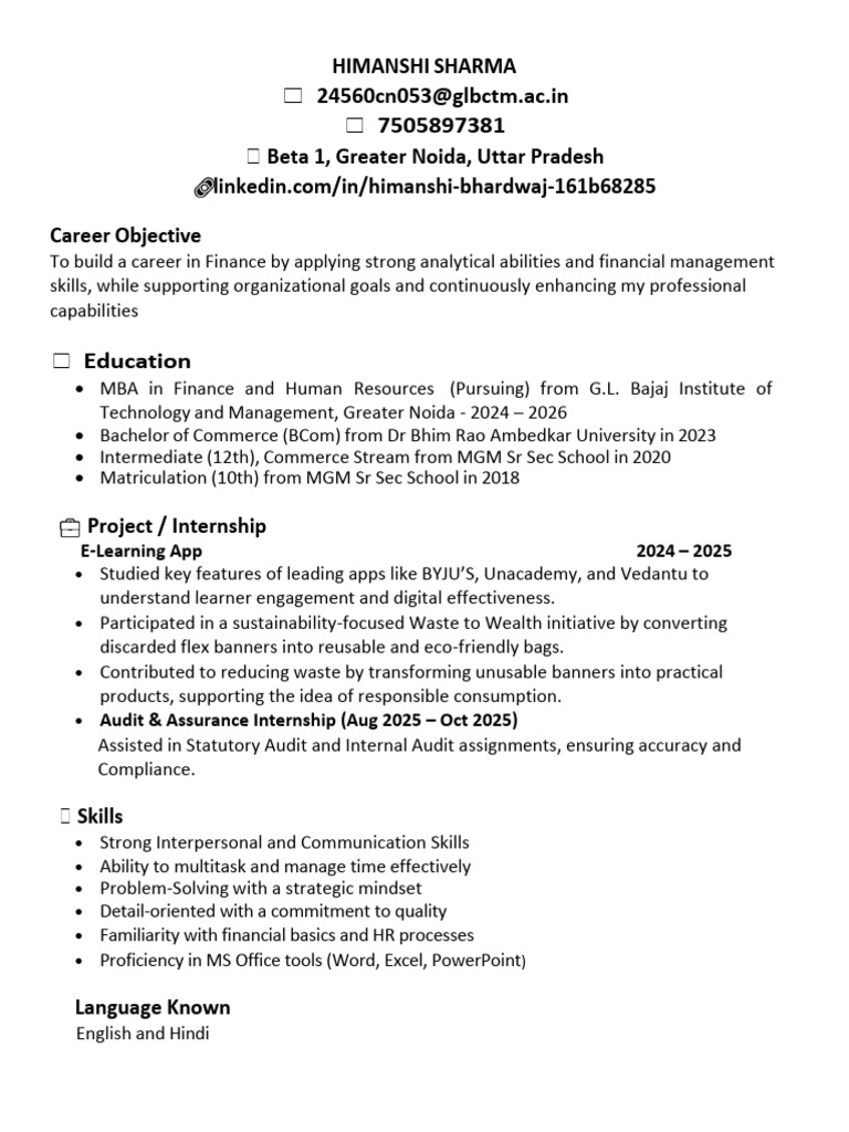 Finance Career Objective & Skills Summary | PDF