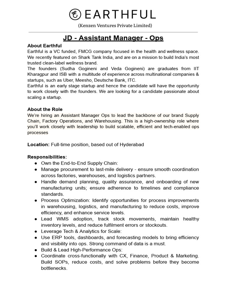 Assistant Manager Ops at Earthful | PDF | Logistics | Startup Company
