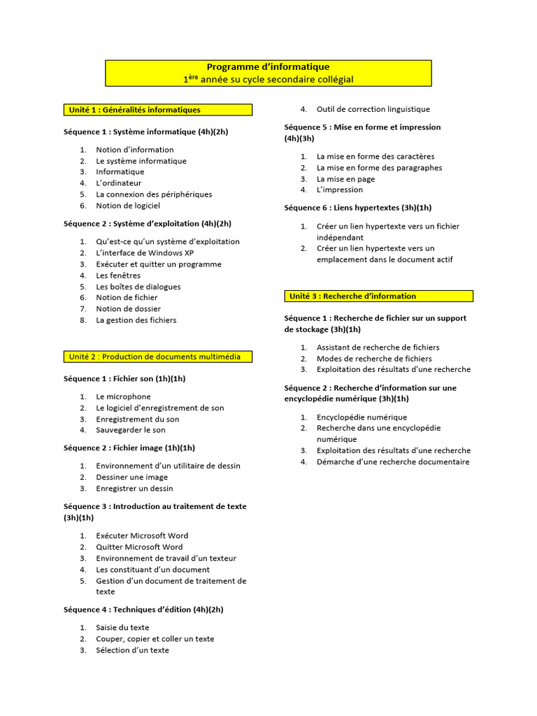 Programme Informatique 1ère Année Collégiale | PDF | Fichier ...
