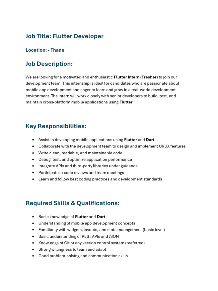 Flutter Developer Internship in Thane | PDF