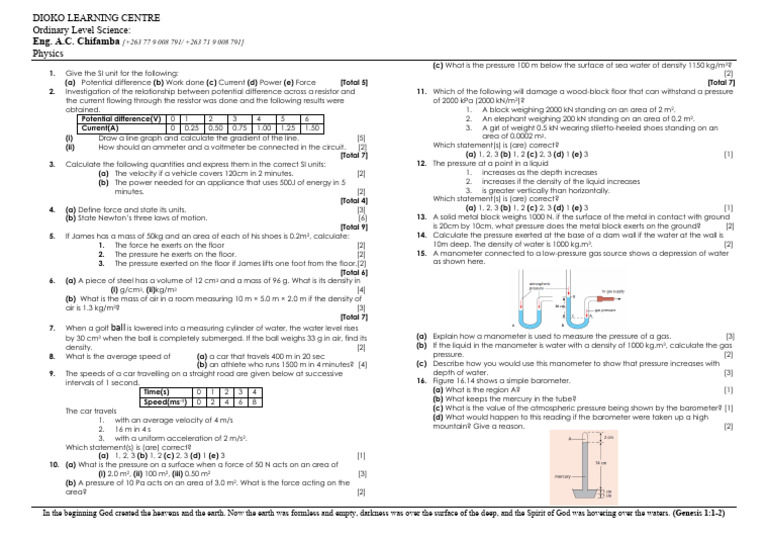 Physics Test 1 | PDF | Pressure | Pressure Measurement
