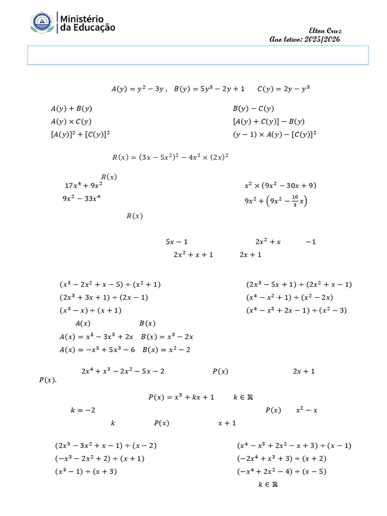 Polinômios: Operações e Divisões Matemáticas | PDF | Analise matemática ...
