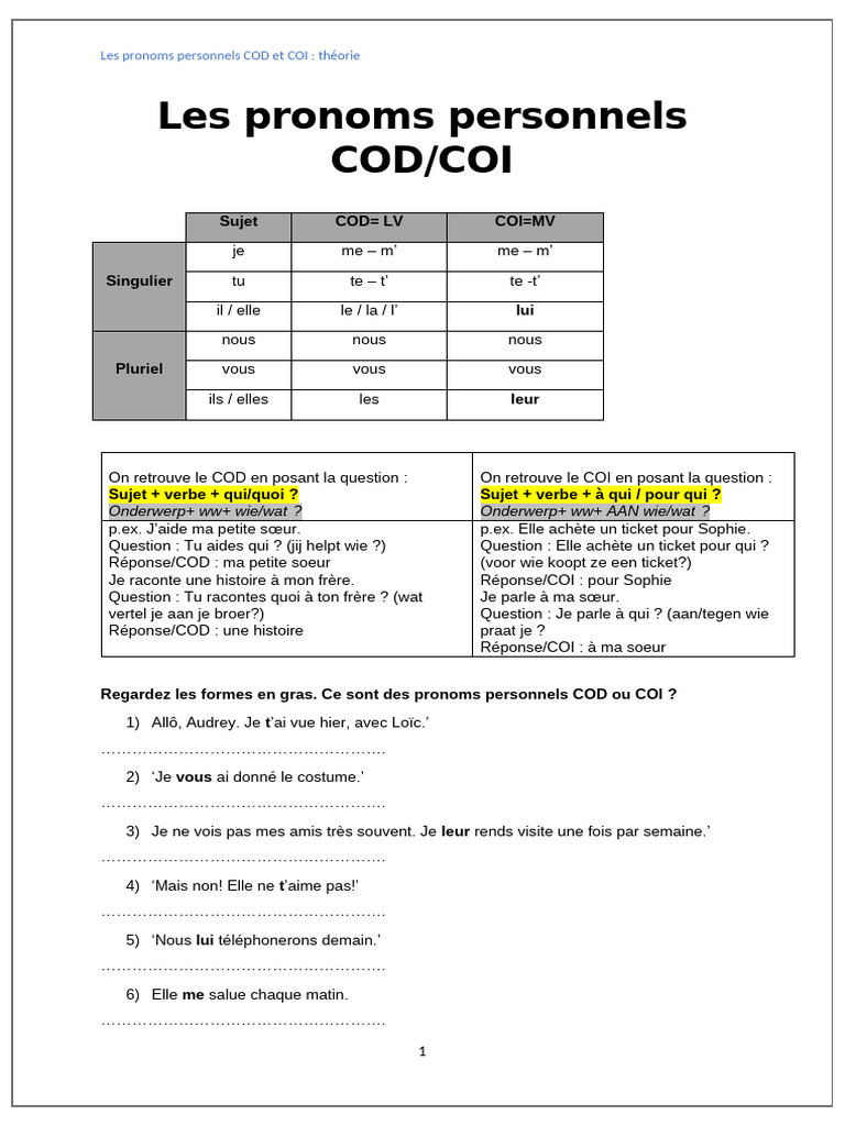 Pronoms personnels COD et COI : guide pratique | PDF | Pronom ...