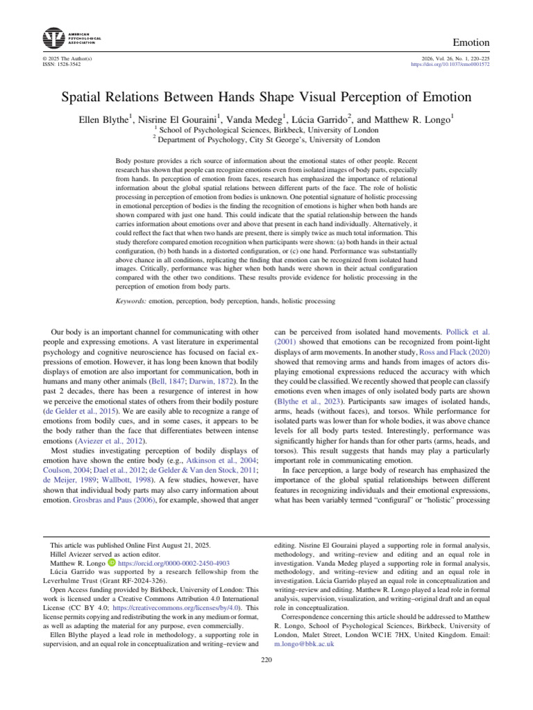 Hands and Emotion Recognition Study | PDF | Emotions | Perception