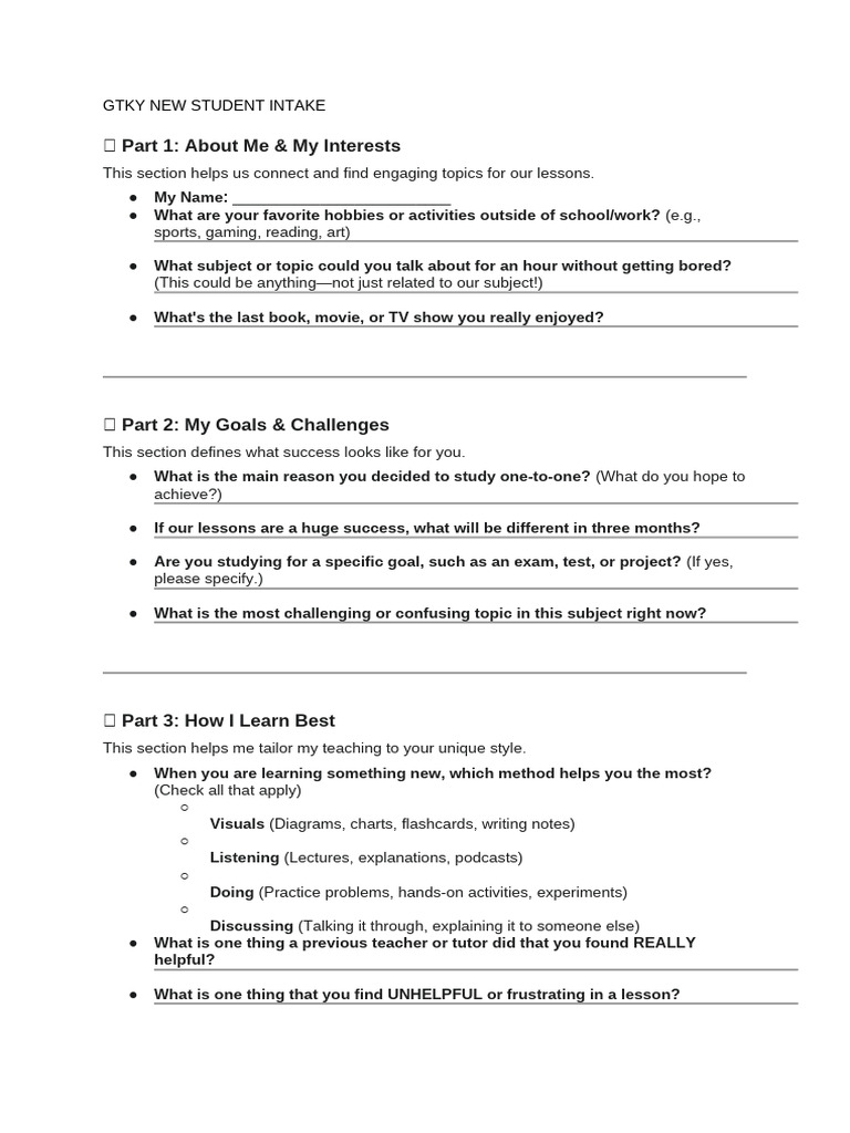 New Student Intake Questionnaire | PDF