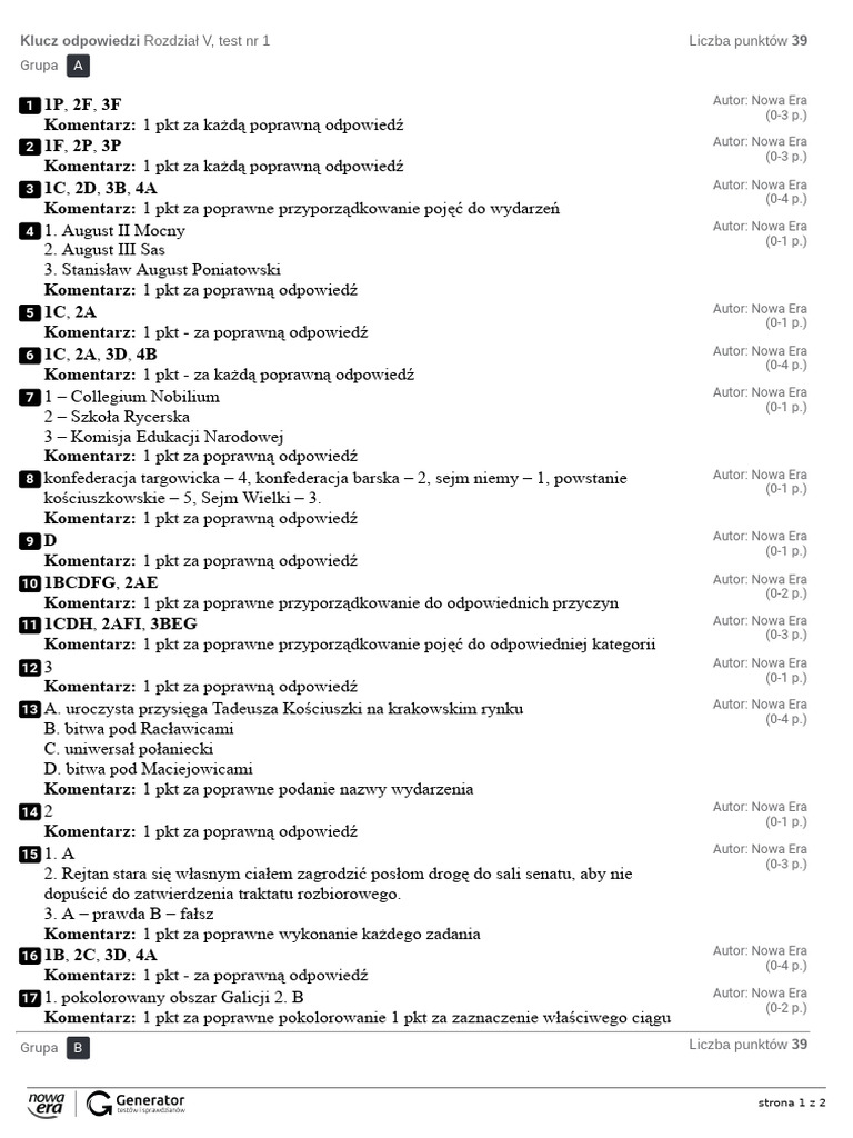 Rozdział V, Test NR 1 Klucz Odpowiedzi | PDF