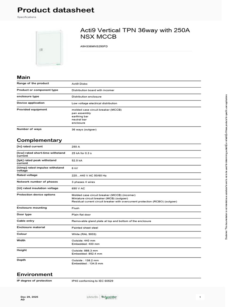PES Schneider Electric Acti9-Disbo A9H336MNS250FD 1 | PDF | Alternating ...