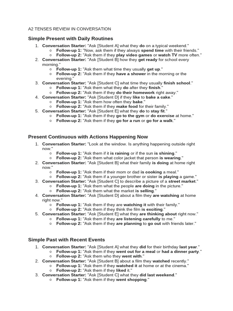 A2 Tenses Conversation Practice Guide | PDF | Linguistics | Syntax