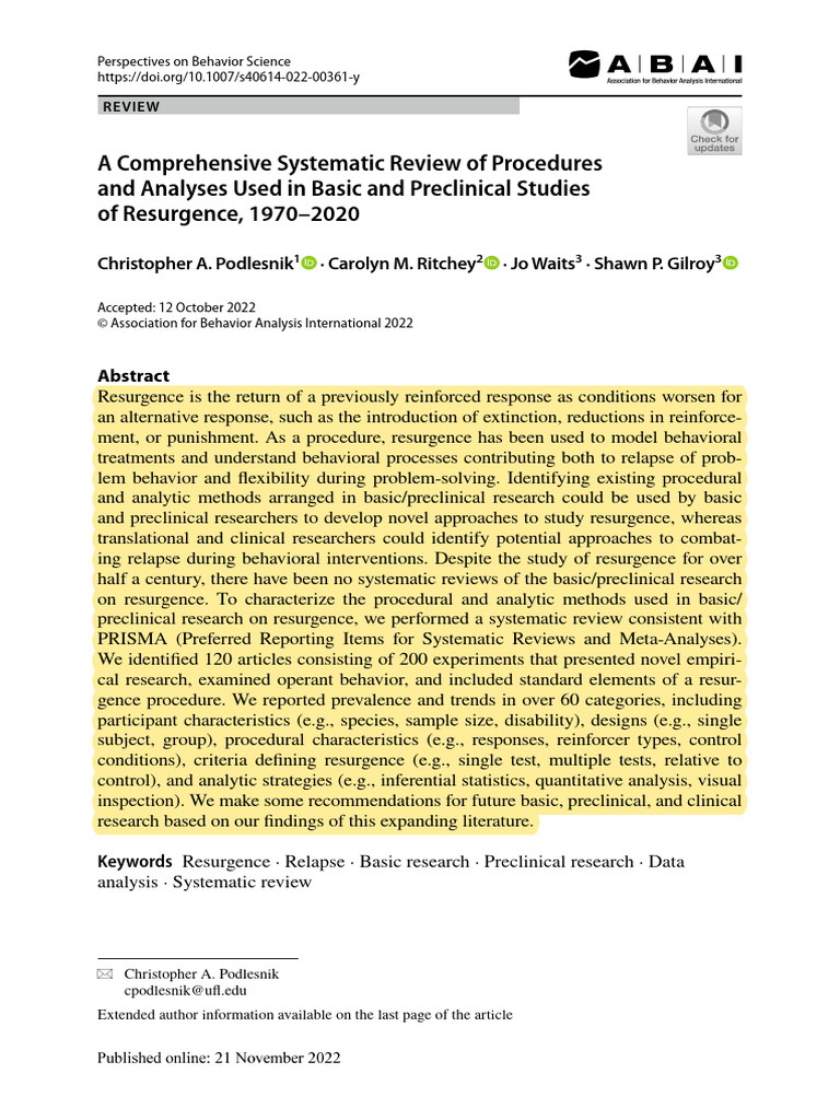 Systematic Review of Resurgence Studies | PDF | Reinforcement | Experiment