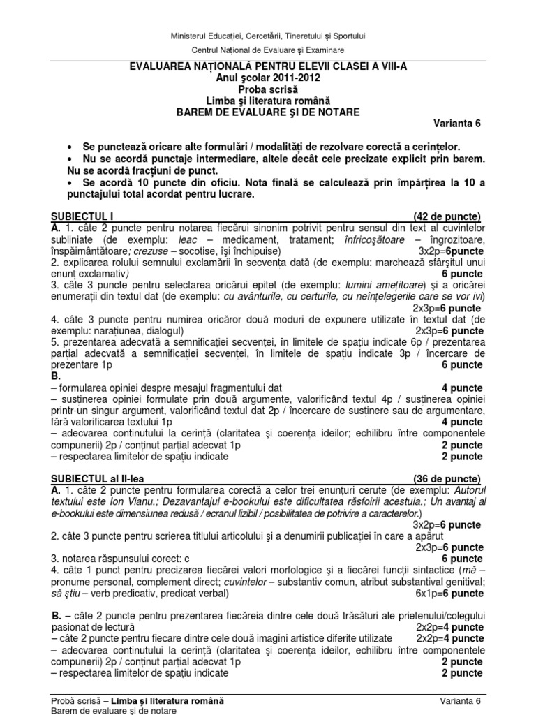 Barem Evaluarea Nationala 2012 Limba Romana