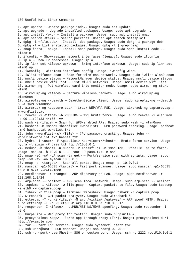 Essential Kali Linux Commands Guide | PDF | System Software | Software