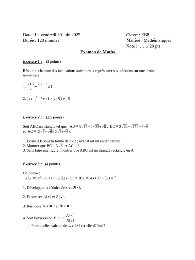 Examen de Mathématiques EB8 - Juin 2025 | PDF | Cercle | Fonction ...