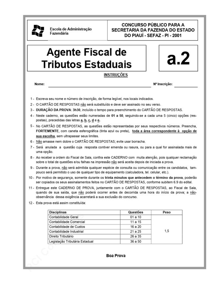 Prova SEFAZ-PI: Agente Fiscal 2001 | PDF | Despesa | Contabilidade