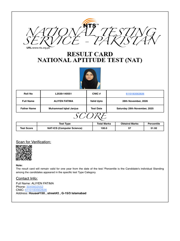 NTS NAT Result Card for Aliyen Fatima | PDF