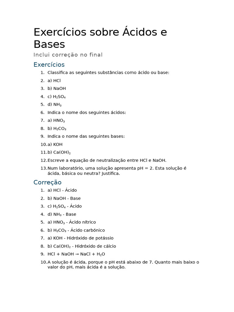 Exercícios sobre Ácidos e Bases com Correção | PDF