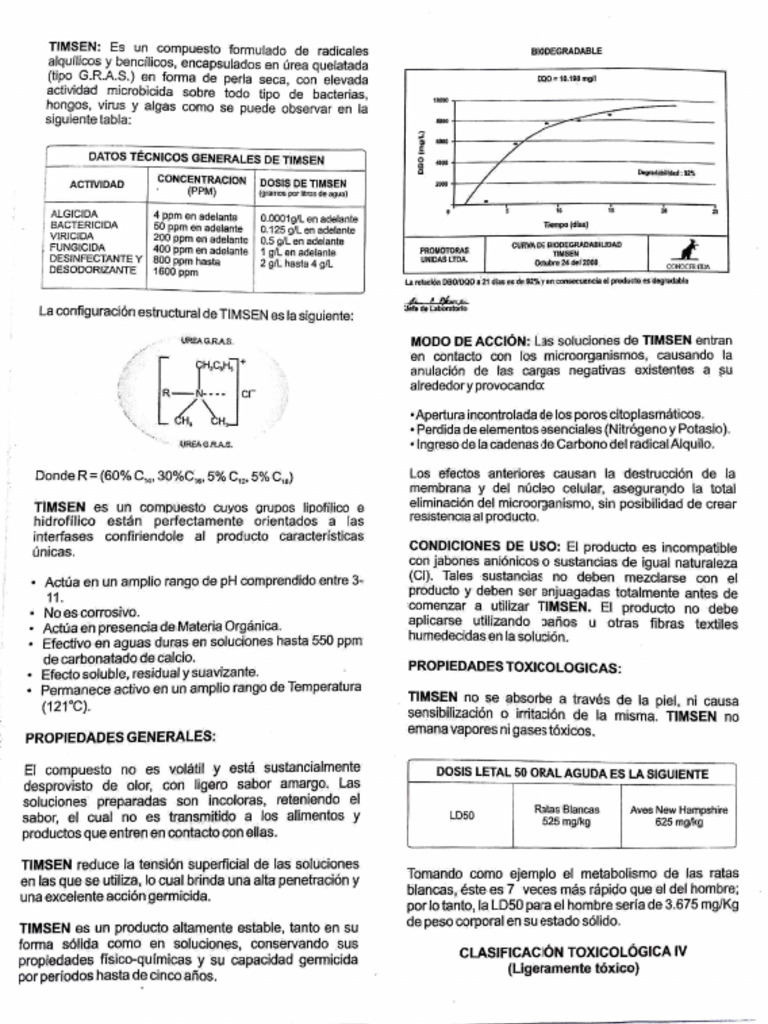 Biocida TIMSEN: Eficacia y Seguridad | PDF | Agua | Sustancias químicas