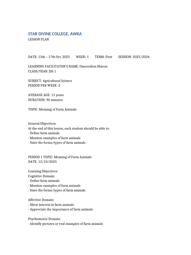 JSS 1 Agricultural Science Lesson Plan | PDF