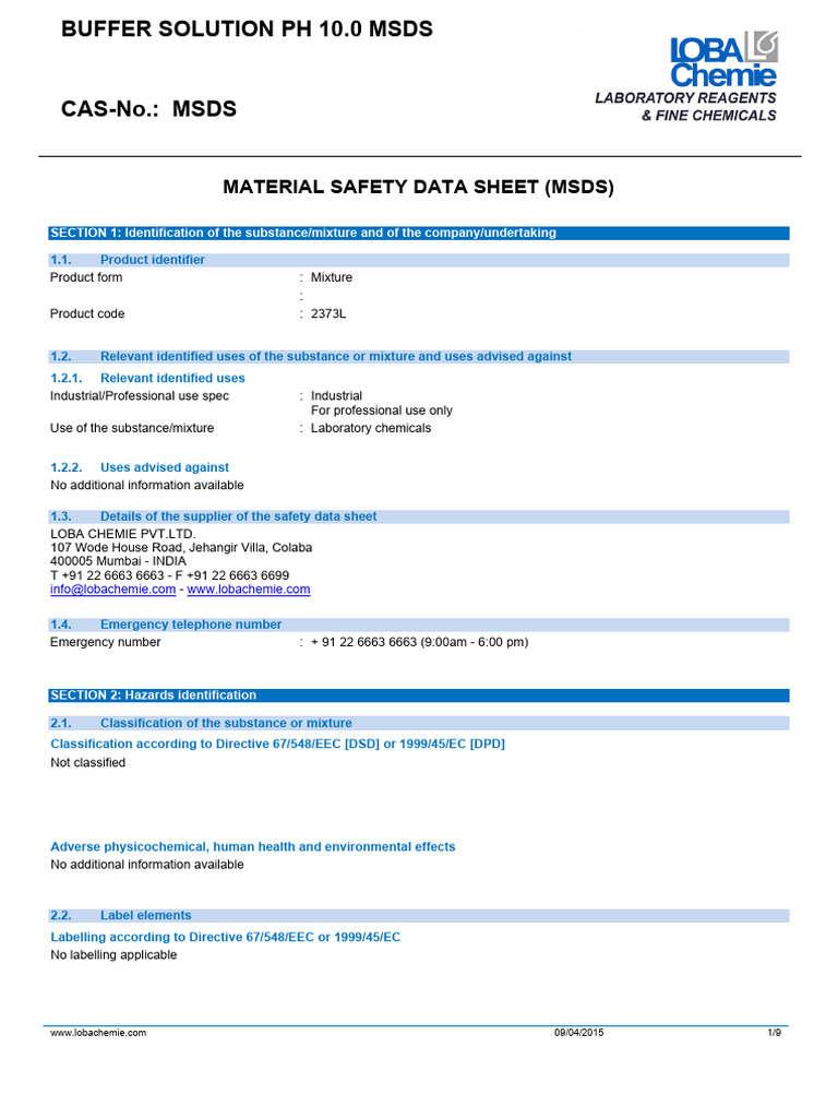 Buffer Solution pH 10.0 MSDS Guide | PDF | Dangerous Goods | Toxicity