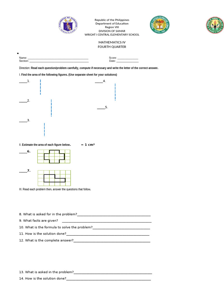 Grade 4 Mathematics Assessment Guide | PDF | Volume | Area