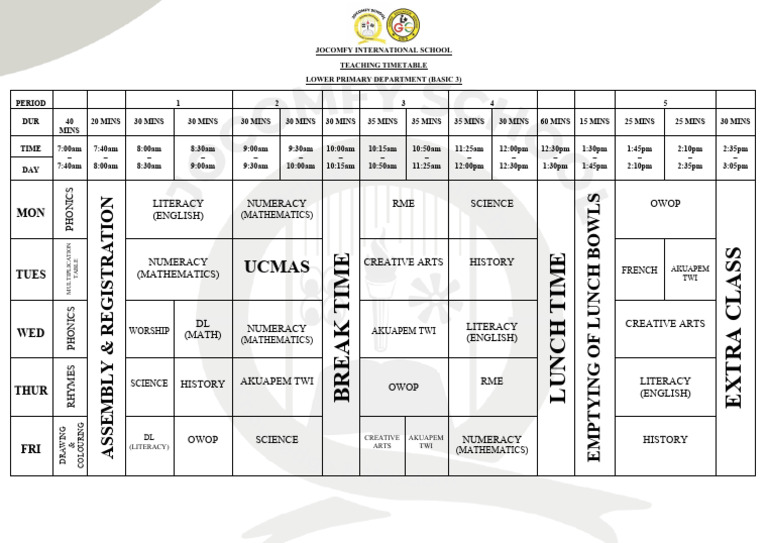 Teaching Timetable b 3a | PDF | Reading (Process) | Learning