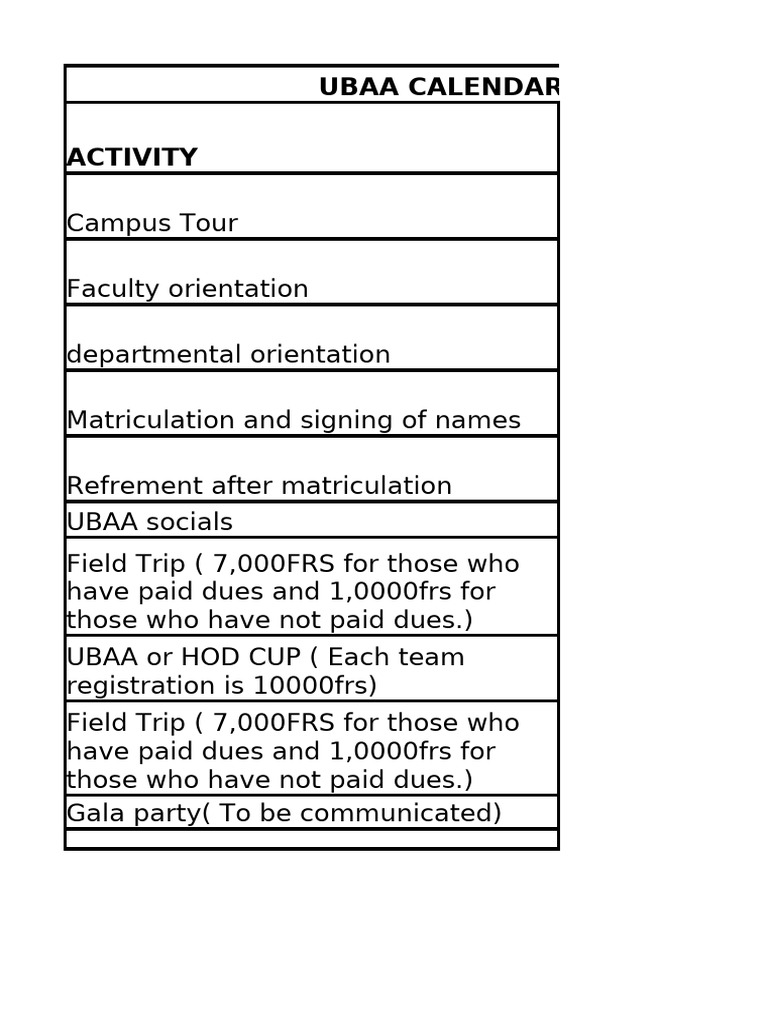 Ubaa Calendar of Activities | PDF