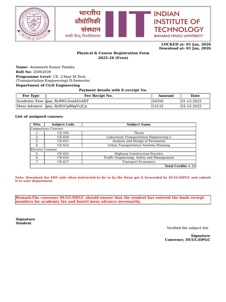 M.Tech Transportation Engineering Registration | PDF
