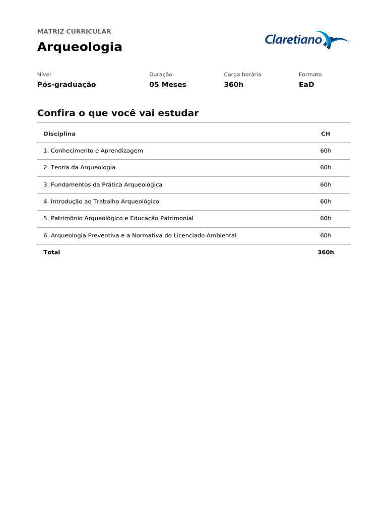 Pós-graduação em Arqueologia EaD 360h | PDF