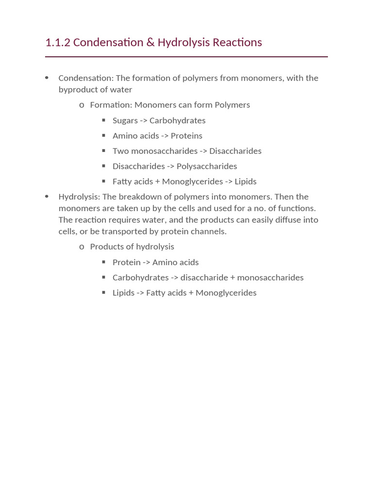 Condensation and Hydrolysis Reactions Explained | PDF