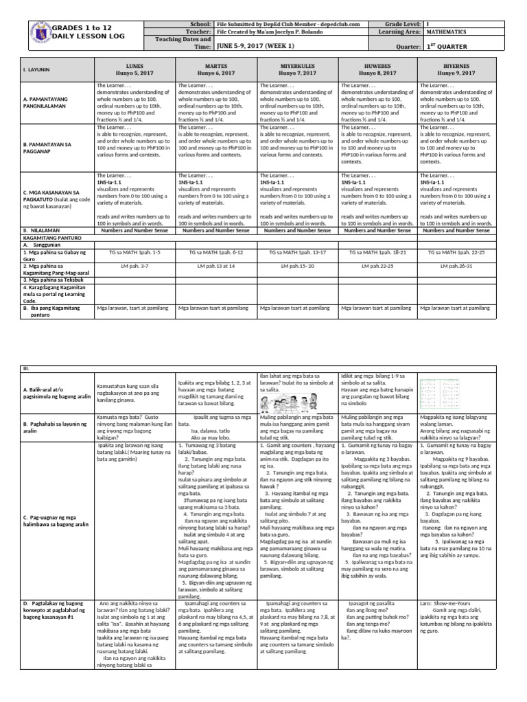 DLL Mathematics 1 q1 w1 | PDF