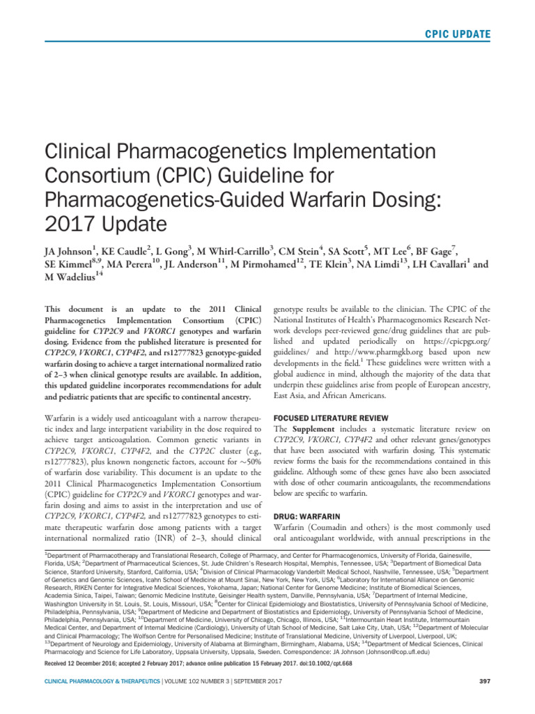 CPIC for Warfarin | PDF | Pharmacogenomics | Single Nucleotide Polymorphism