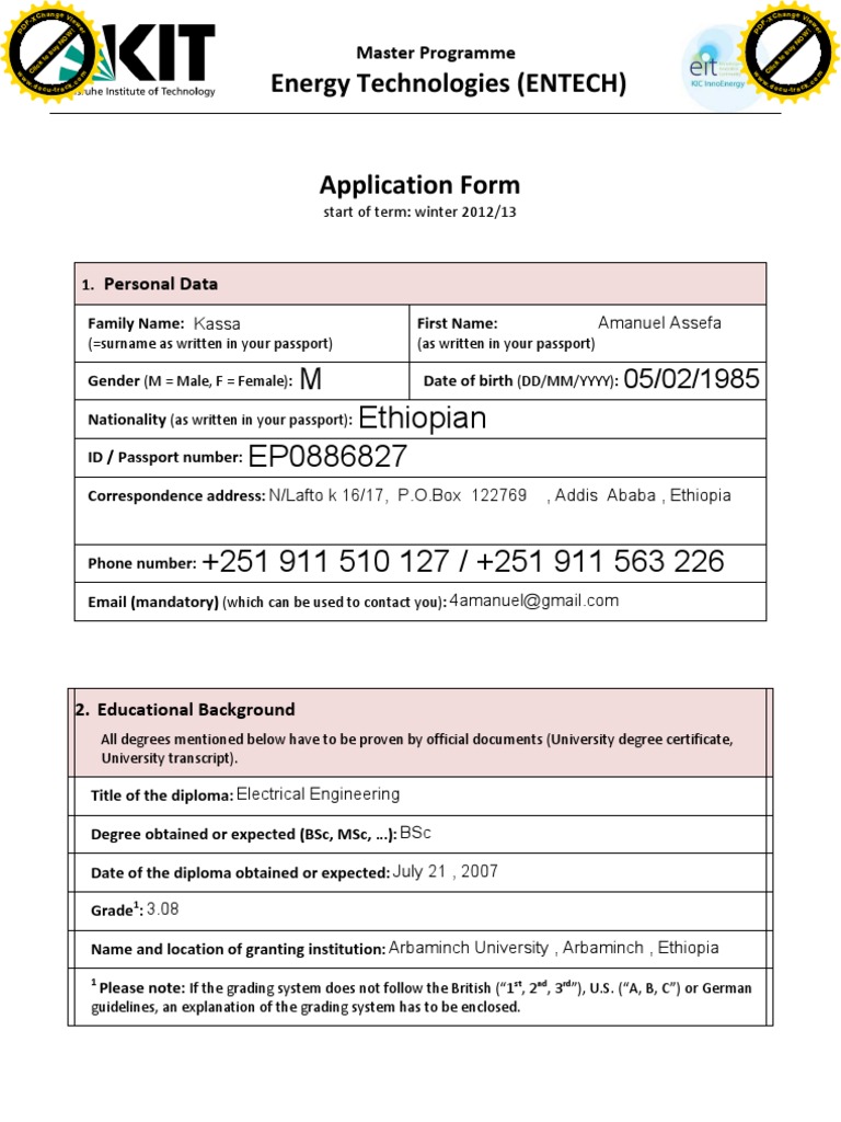 Application Form ENTECH | PDF | Qualifications | Academia