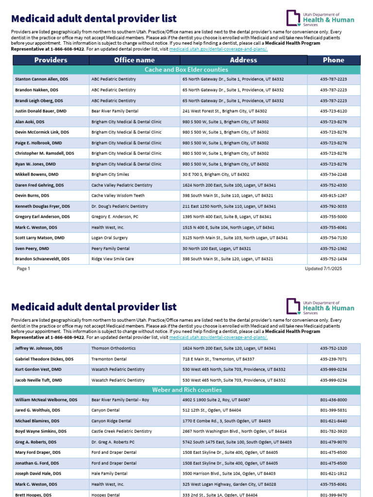 Utah Medicaid Dental Provider List | PDF | Dental Degree | Dentist