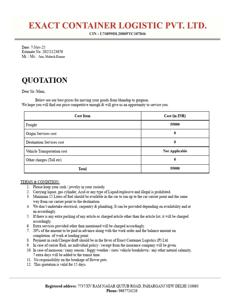 Moving Quotation: Bhandup to Gurgaon | PDF