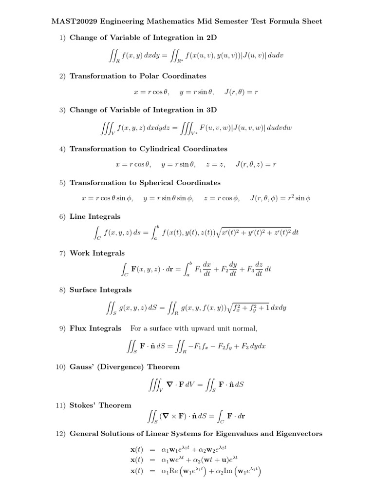 Engineering Math Midterm Test Formulas | PDF | Coordinate System ...