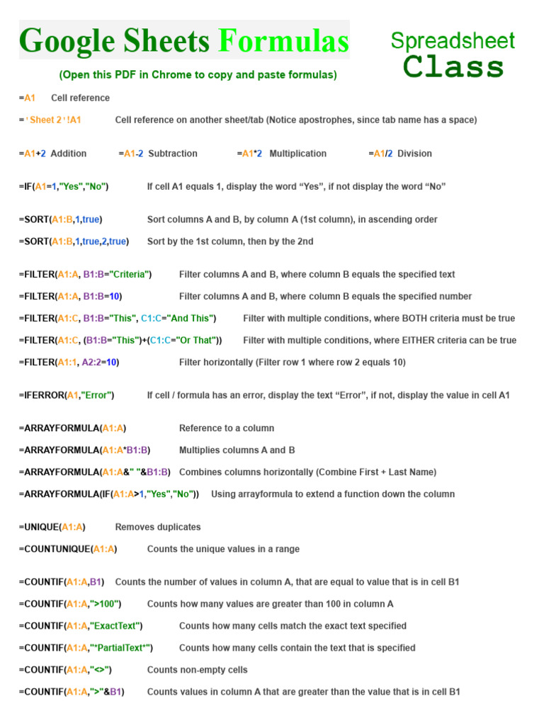 Essential Google Sheets Formulas Guide | PDF | Mathematics