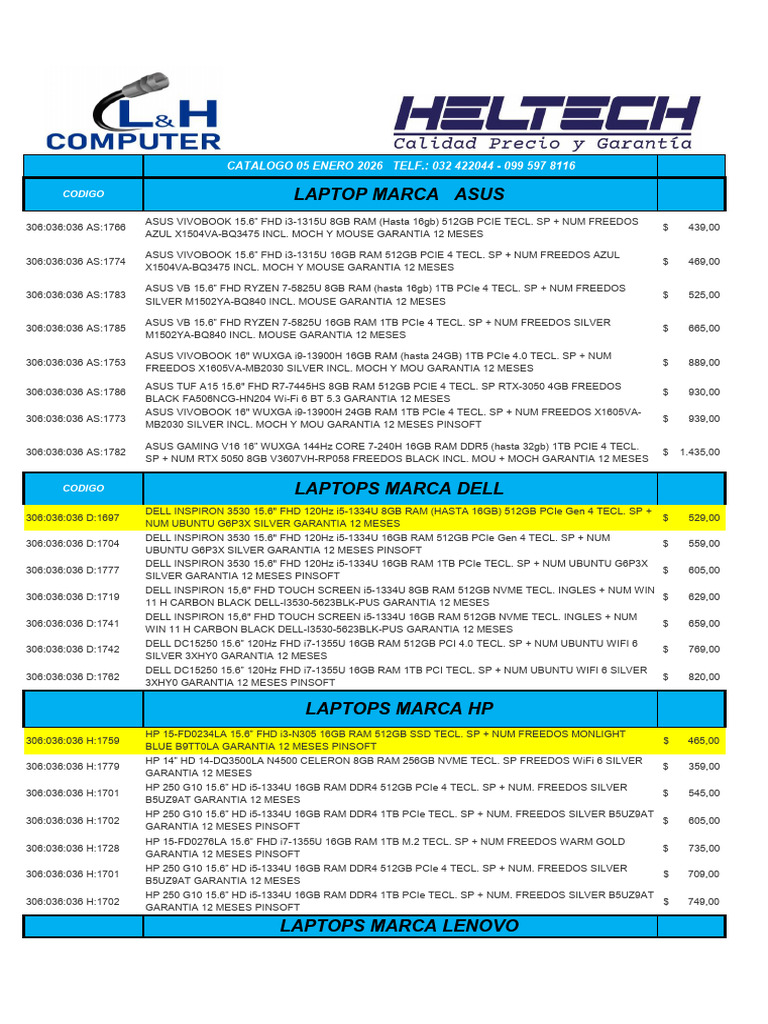 Lista Portatiles LH Computer Enero 2026 | PDF | Computadoras portátiles ...