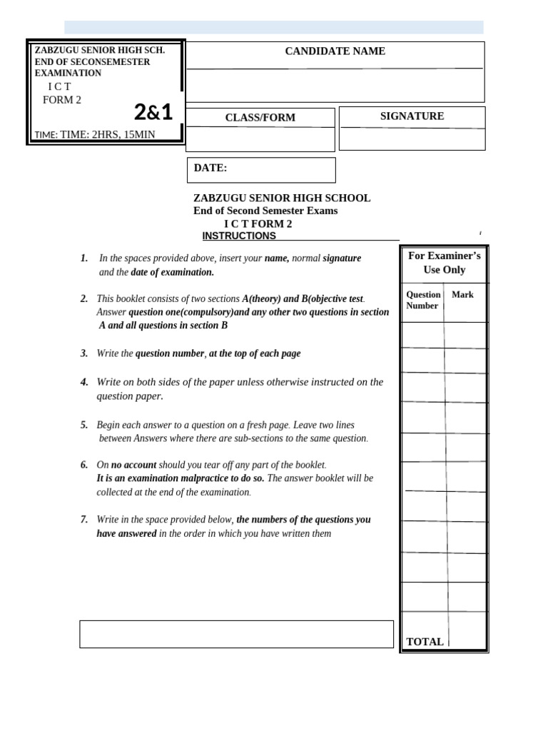 ICT Exam Paper for Form 2 Students | PDF | Microsoft Excel | Spreadsheet
