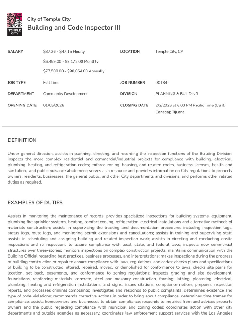 Building and Code Inspector III Job Opening | PDF | Regulatory ...
