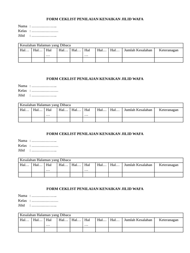 Form Ceklist Penilaian Kenaikan Jilid Wafa | PDF