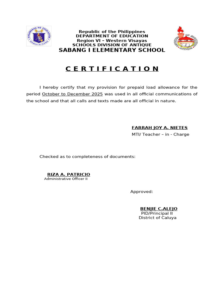 Certification for Load Allowance | PDF