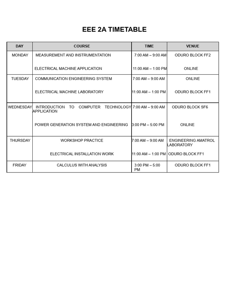 EEE 2A Course Timetable Overview | PDF