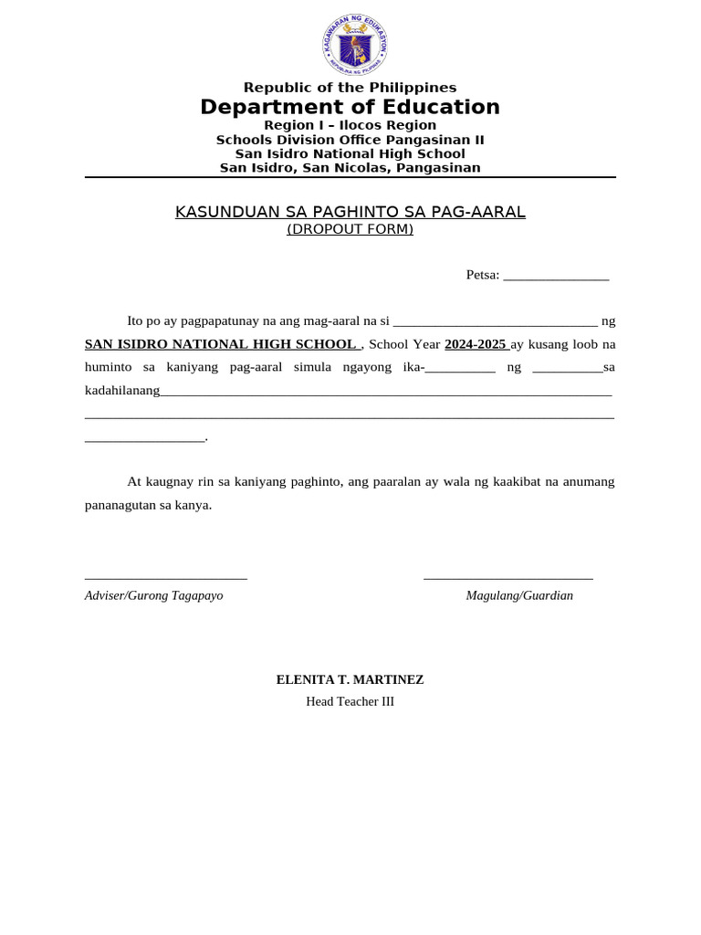 SHS Dropout Form | PDF