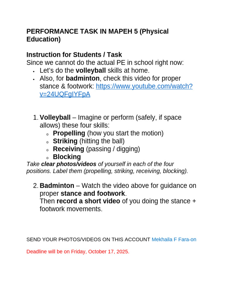 MAPEH 5 PE Volleyball & Badminton Tasks | PDF
