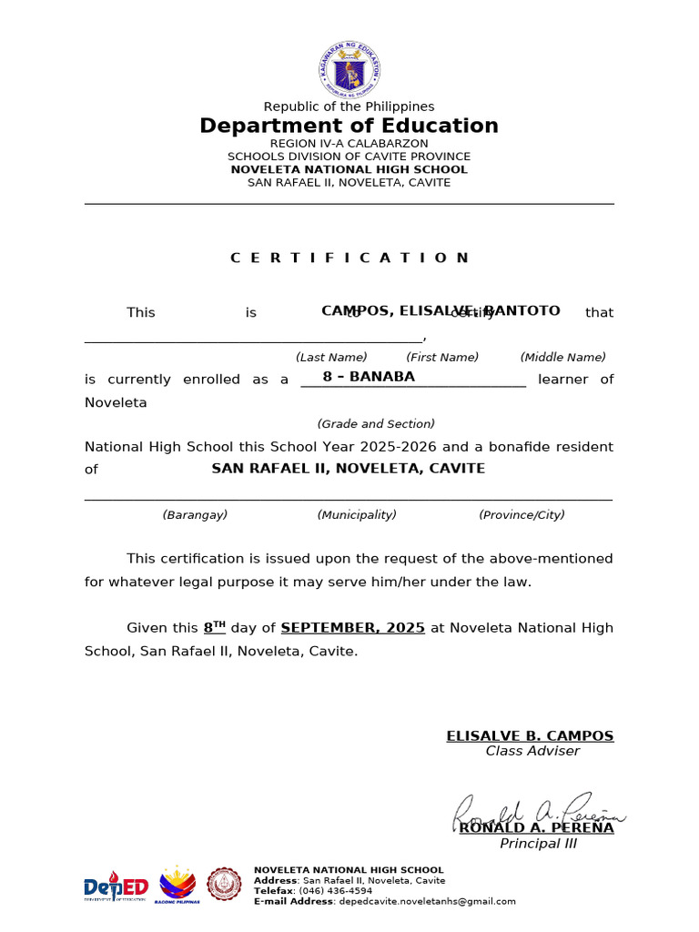 Noveleta National High School Certification | PDF