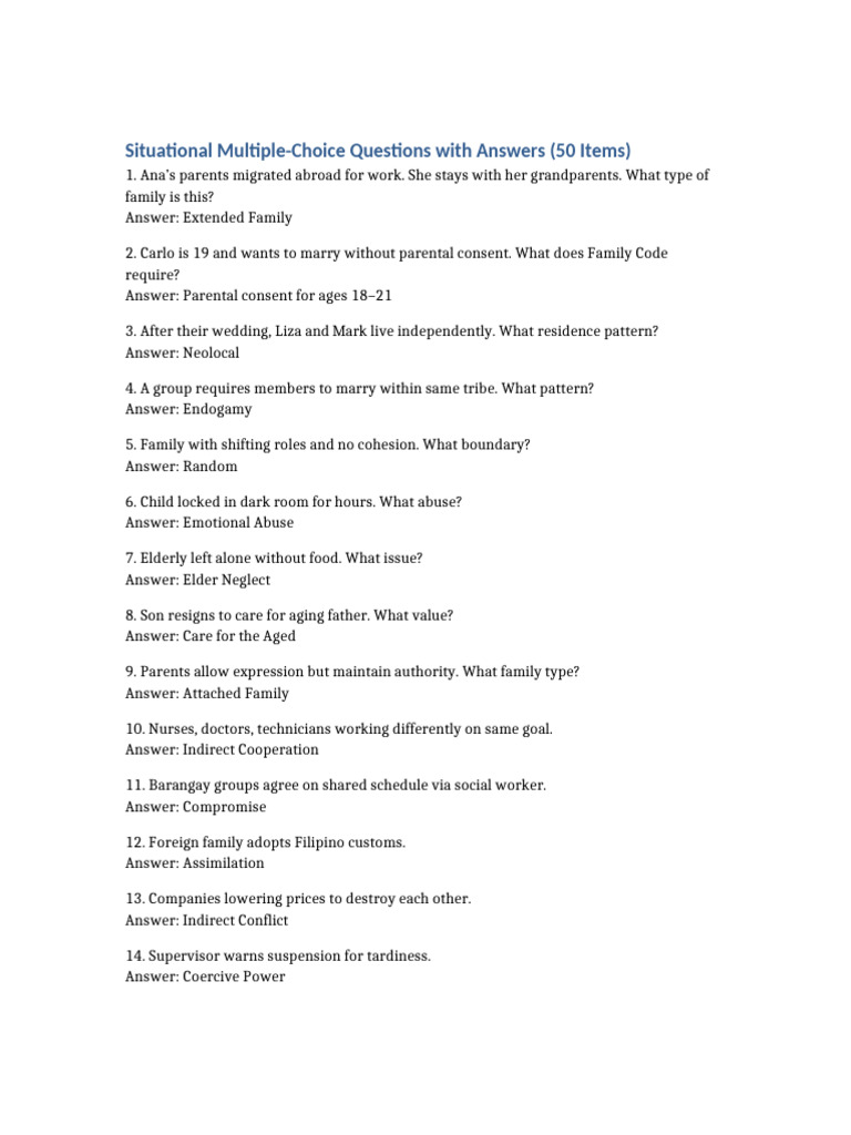 50 Situational Questions | PDF | Family | Behavioural Sciences