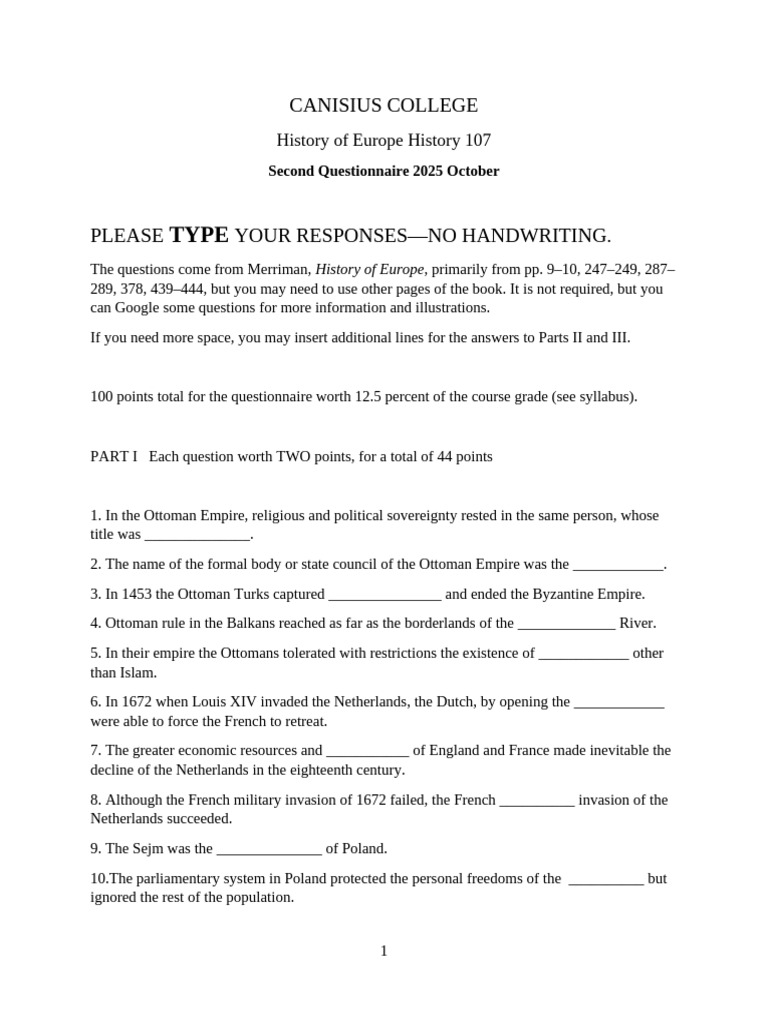 Europe I Questionnaire II 2025 Oct | PDF | Ottoman Empire | Europe