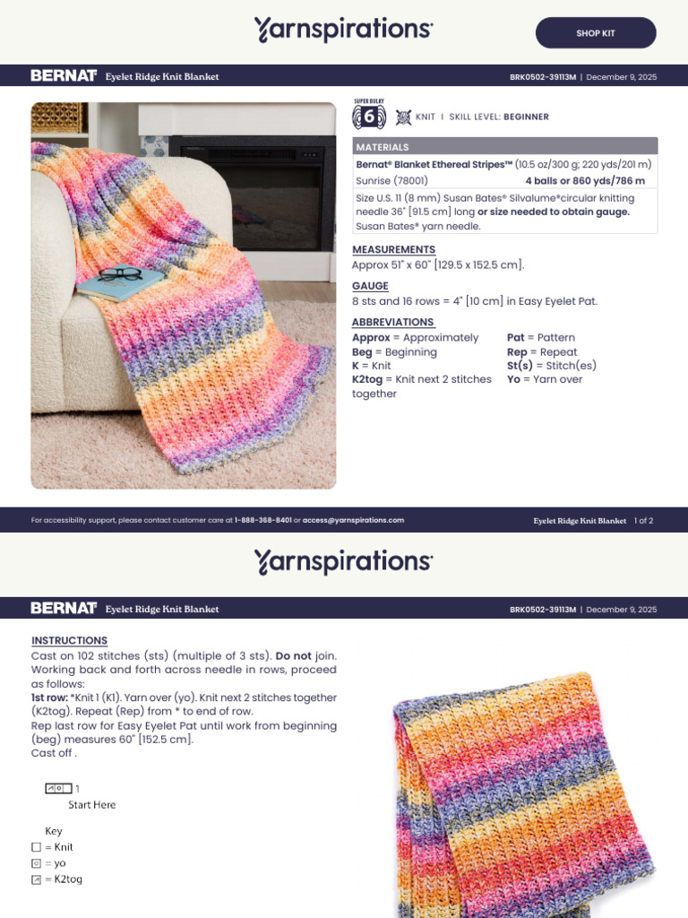Beginner Eyelet Ridge Knit Blanket Guide | PDF | Knitting | Gauge ...