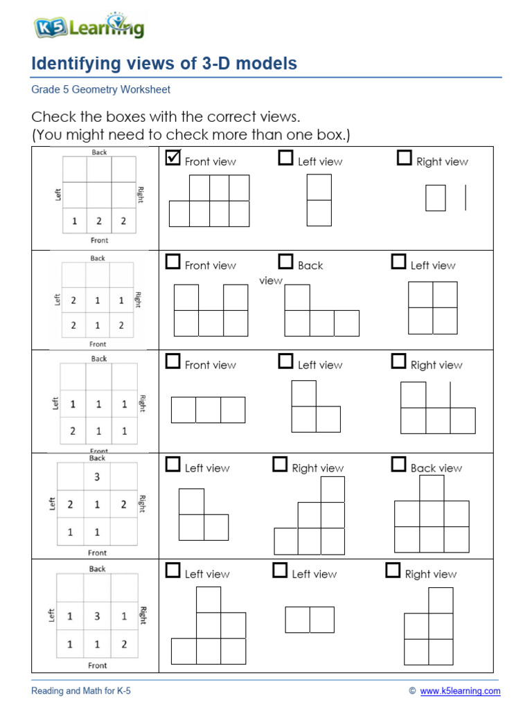Grade 5 Geometry 3-D Model Views Worksheet | PDF
