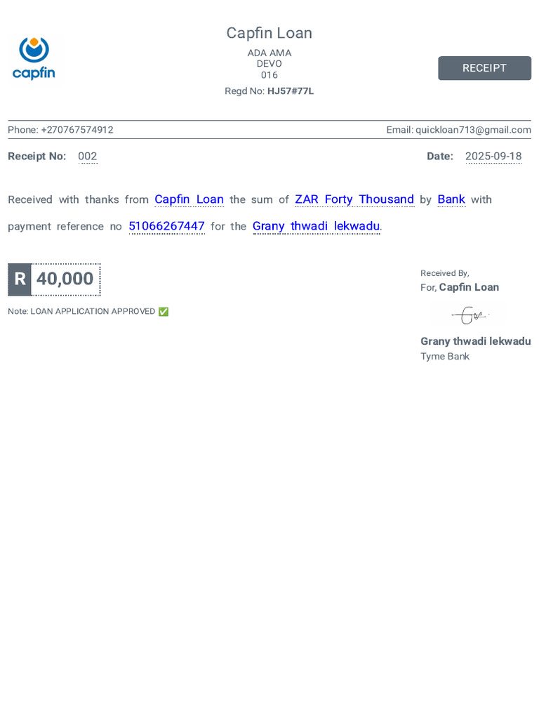 Capfin Loan Approval Receipt - ZAR 40,000 | PDF